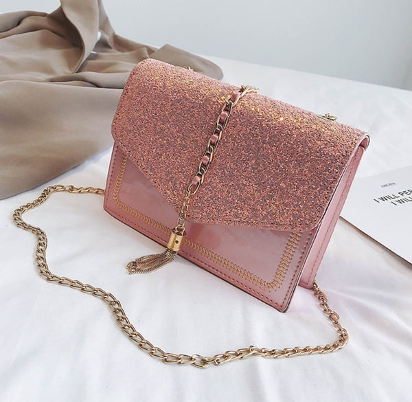 Sequined tassel chain bag | Fashion tassel shoulder bag | Sparkly sequined handbag | Trendy chain strap evening bag | Glam tassel purse for women | Shiny party bag with sequins | Elegant sequin tassel clutch | Stylish chain fashion bag | Lightweight evening bag | Chic sequin tassel accessory